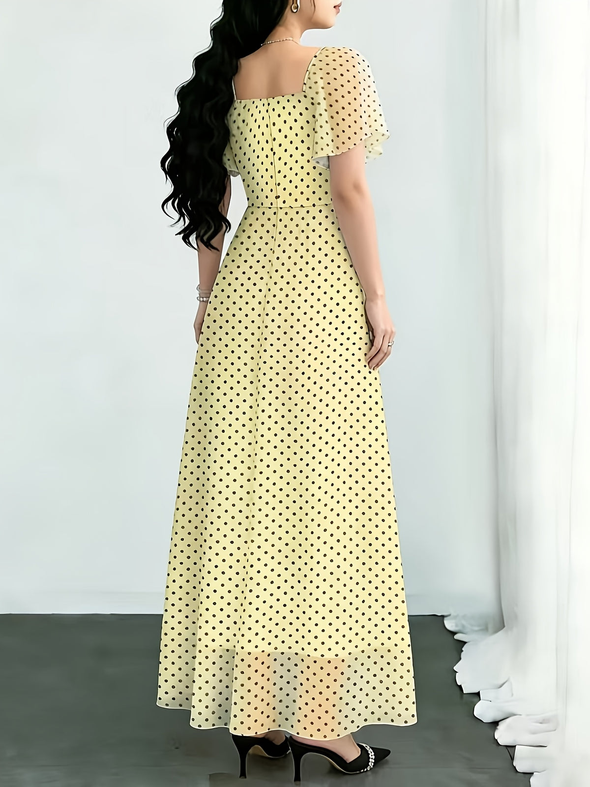 New Summer 2026 Chiffon Polka Dot Print Batwing Sleeve Sweet French-Style Mini Dress, Summer Maxi Dress - Yellow