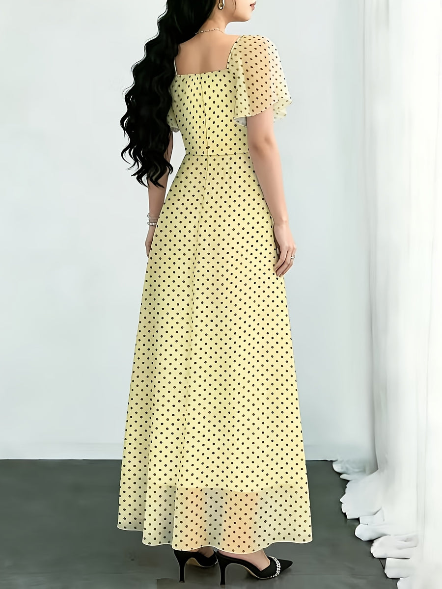New Summer 2026 Chiffon Polka Dot Print Batwing Sleeve Sweet French-Style Mini Dress, Summer Maxi Dress - Yellow