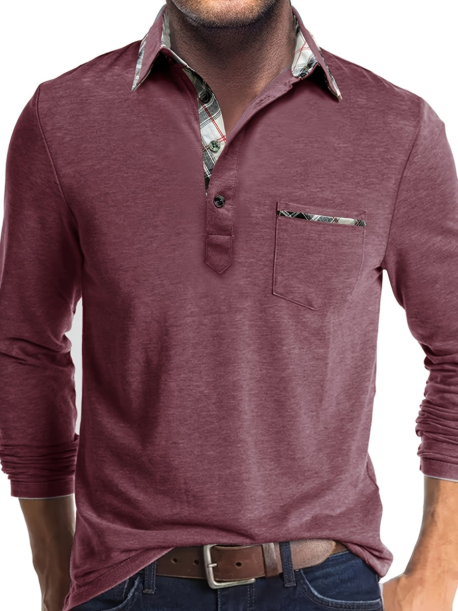 Spring and Autumn Fashion Men's Lapel Pocket Polo Shirt, Solid Color Casual Commuter Pocket Top - Red