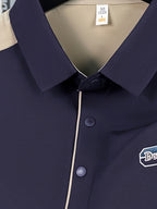 Men's Summer Lapel Polo Shirt - Contrast Color Short-Sleeve T-Shirt with Lapel Collar & Asymmetrical Hem, Breathable Business Casual Top Suitable for Work, Office, Semi-Formal Wear, Machine Washable Regular Fit - Navy Color