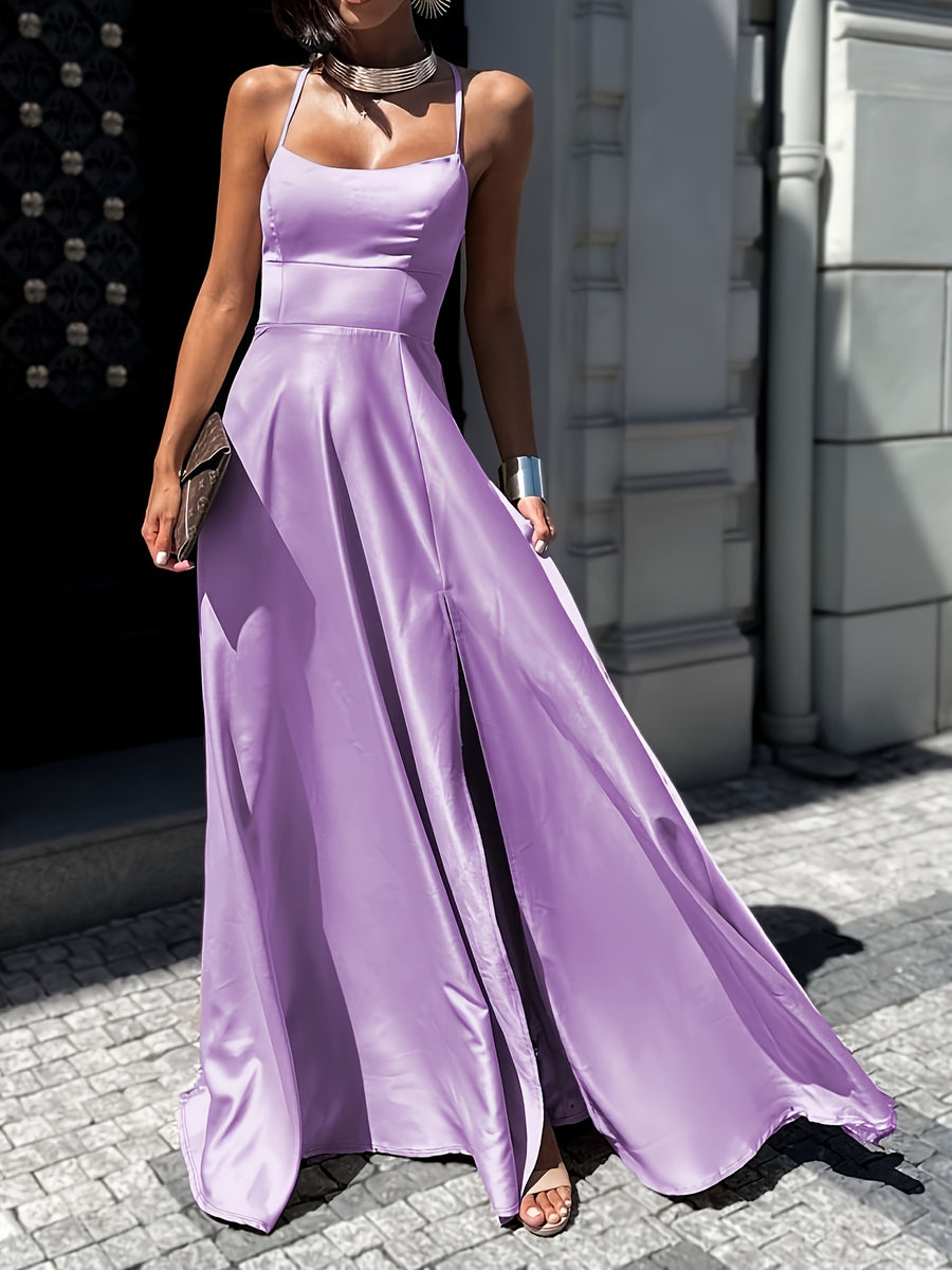 Women'S Elegant Solid Satin Cami Dress with Sexy Back Tie And Side Slit, High-End Evening Party Wedding Guest Gown - Light Purple