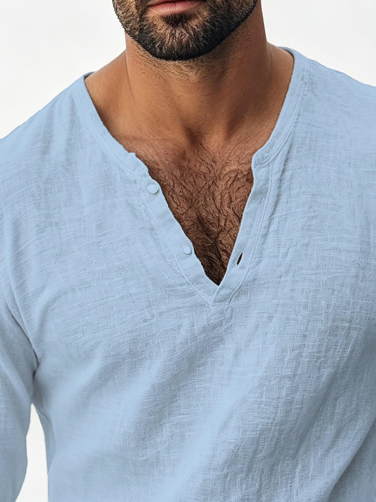 Henley Shirt Men'S Linen Long Sleeve Seasonal Lightweight Breathable V-Neck Loose Beach Vacation Casual Top - Sky Blue