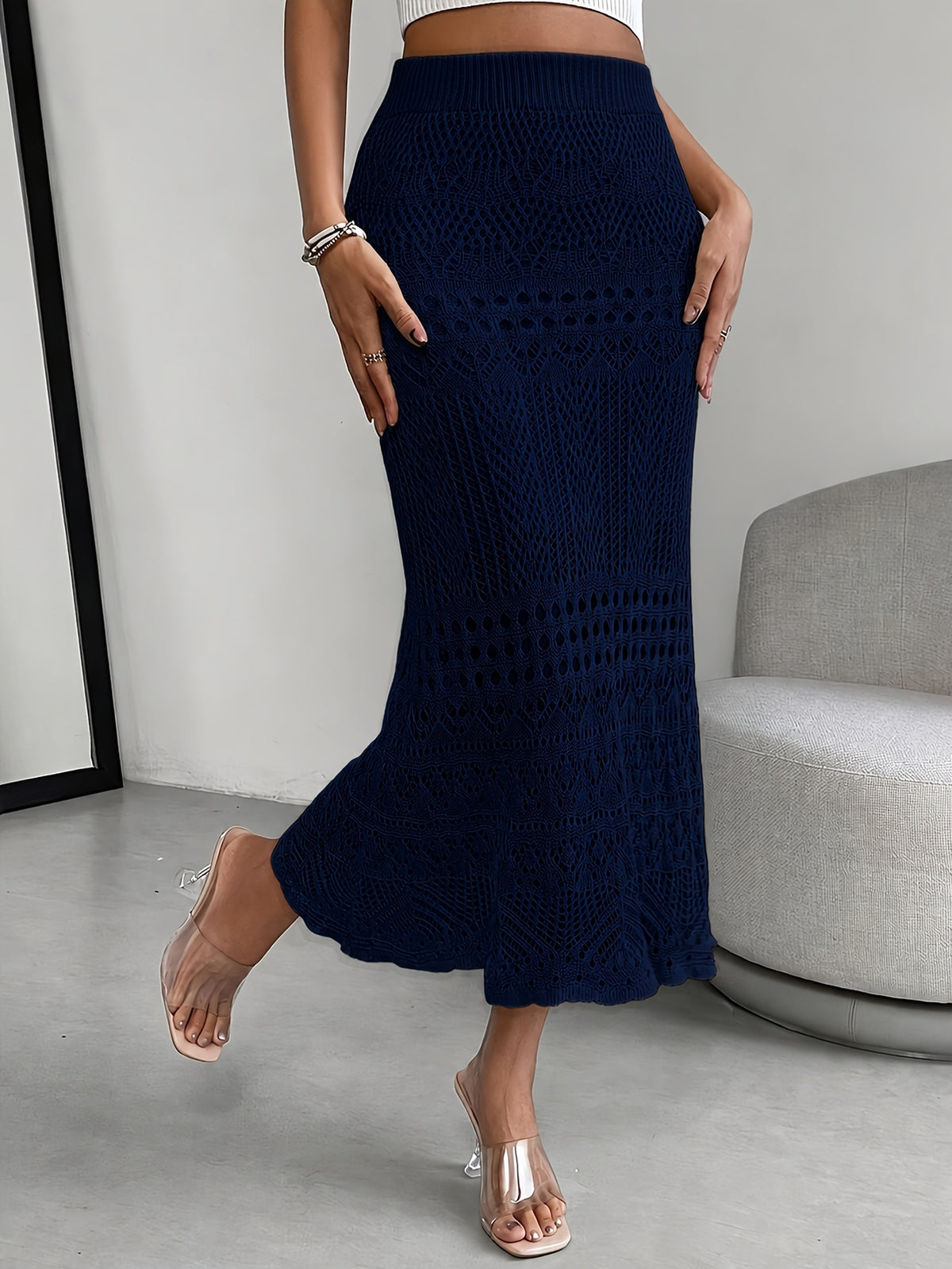 Women's Solid Color Hollow-Out Long Elegant Dress, Suitable for Summer, Spring, Summer Beach Vacation Style, Daily Casual Wear - Navy Color