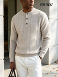 FORLENGKE Men's Intercity Light Travel Relaxed Style Textured Knit Henley Neck Sweater, Half-Open Collar Design Balances Formal and Casual, Durable Dense Knit Construction, Suitable for Autumn/Winter Short-Distance Business Trips, Road Trips - Flower Rice