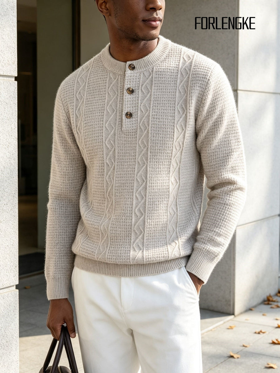 FORLENGKE Men's Intercity Light Travel Relaxed Style Textured Knit Henley Neck Sweater, Half-Open Collar Design Balances Formal and Casual, Durable Dense Knit Construction, Suitable for Autumn/Winter Short-Distance Business Trips, Road Trips - Flower Rice