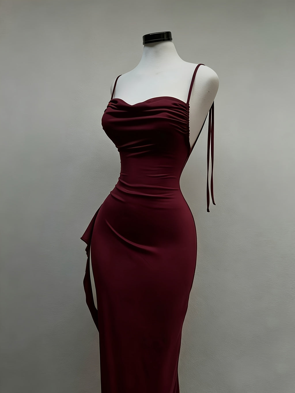Women's Sexy Solid Color Side Slit Ruffle Hem Backless Camisole Maxi Dress - Burgundy