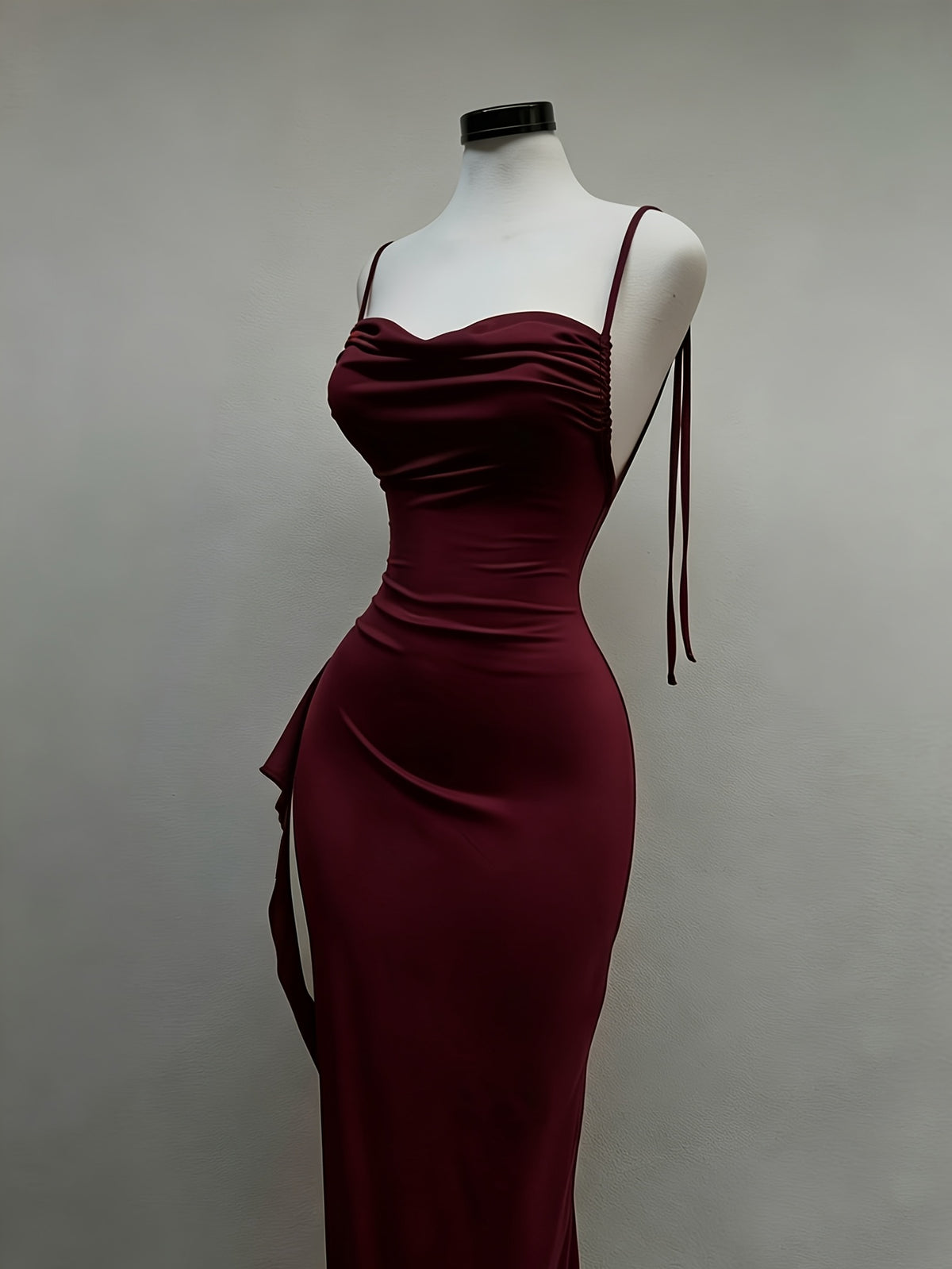 Women's Sexy Solid Color Side Slit Ruffle Hem Backless Camisole Maxi Dress - Burgundy