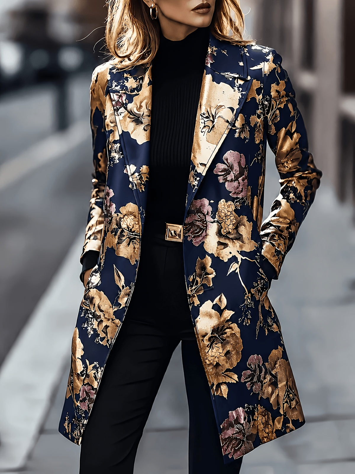 Women'S 2026 New Fashion Printed Blazer - Color-Block Versatile Long Coat with Lapel, Suitable for Casual Outings And Office Wear - Navy Color