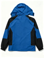Men's Sport Hooded Jacket, Black Color-Block Windbreaker, Adult Printed Top with Detachable Hood - Blue