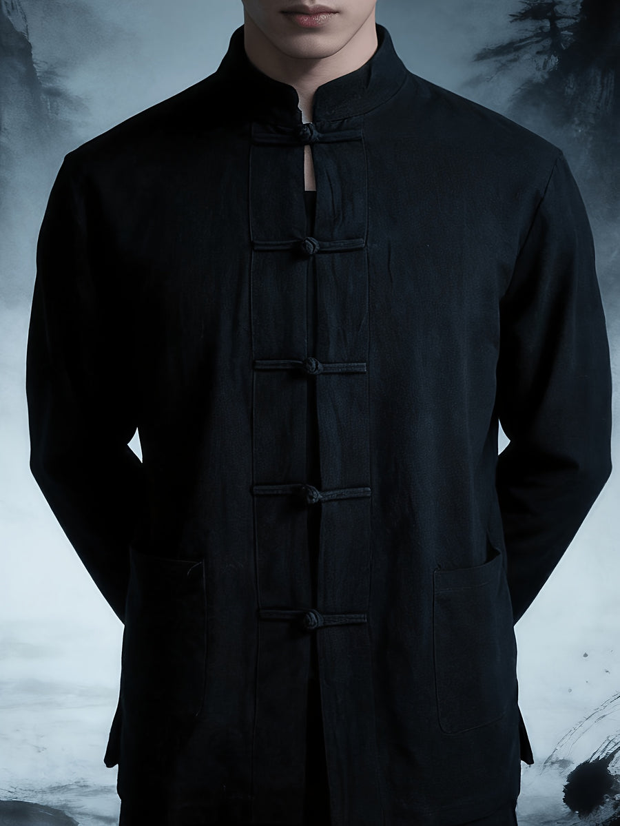 New Chinese Style Men'S Long Sleeve Shirt - And Linen Ethnic Characteristic Practice Clothes - Zen Retro Tang Style Thin Jacket (Solely Includes One Jacket) - Midnight Black