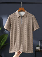 [Printed Design - Not Textured] Men'S Short Sleeve Zip Polo Shirt, Khaki Cable Knit Inspired Vertical Stripe, Digital Print, Zip Placket, Polo Collar, Polyester, Casual, Daily Commuting Weekend Leisure, Summer - Mixed colors