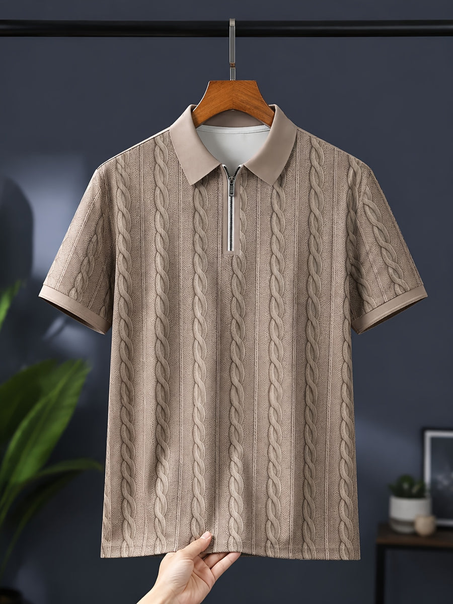 [Printed Design - Not Textured] Men'S Short Sleeve Zip Polo Shirt, Khaki Cable Knit Inspired Vertical Stripe, Digital Print, Zip Placket, Polo Collar, Polyester, Casual, Daily Commuting Weekend Leisure, Summer - Mixed colors