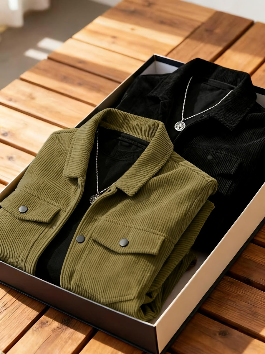 2pcs Men'S Corduroy Jacket Outerwear, Autumn Winter Warm Lapel Jacket, Multi-Pockets Top, Suitable for Casual Wear, Gift Option (2pcs Set, No Box) - Black + Khaki