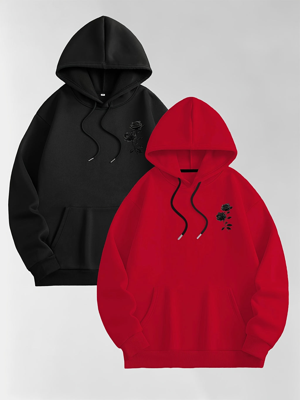 Men'S Autumn Winter Letter Print Hooded Fleece-Lined Sweatshirt, All-Match Sport Casual Loose Hooded Sweatshirt 2pcs Set - Black-Red-