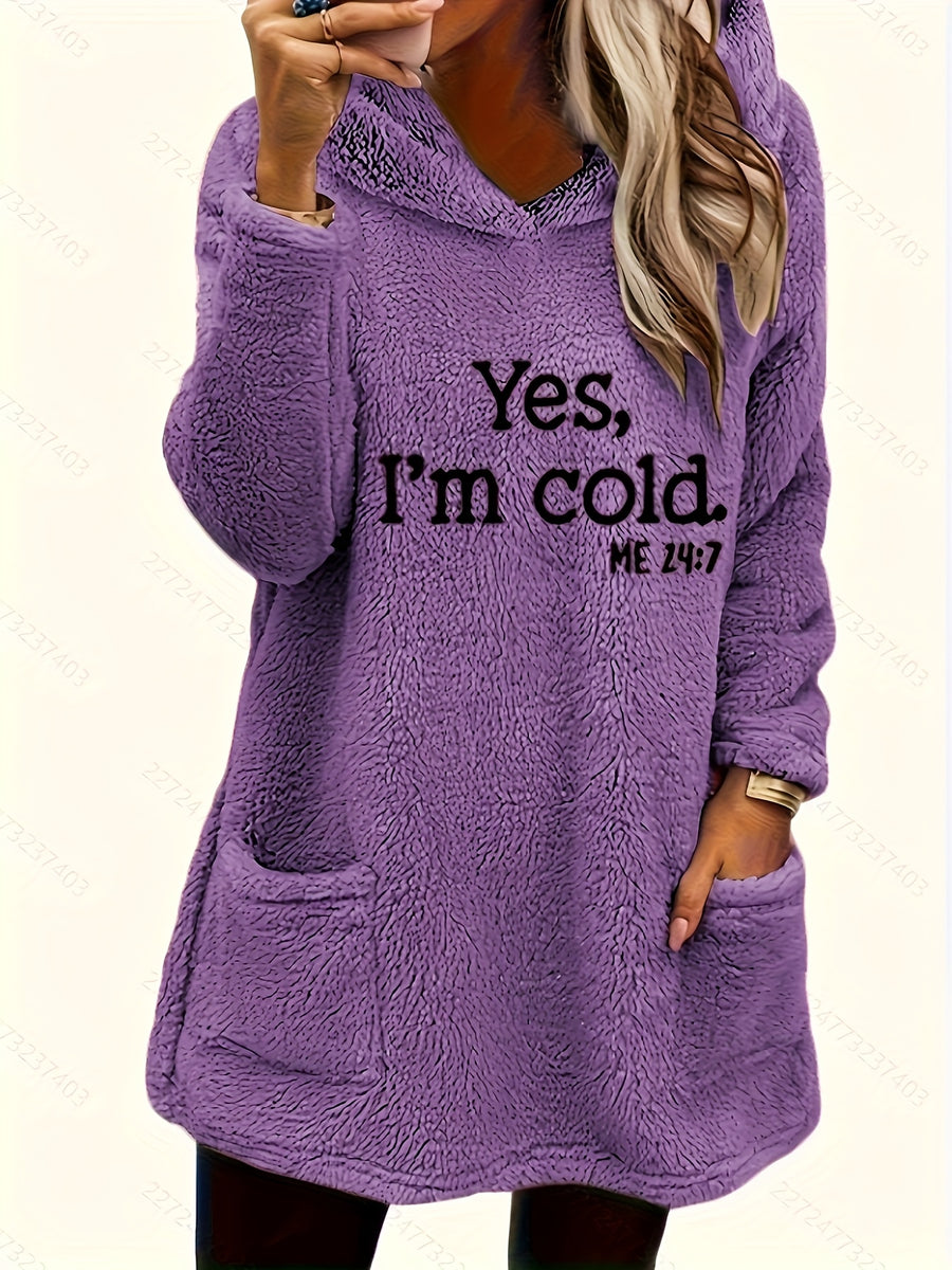 Women's "Yes I'm Cold" Printed Teddy Bear Hooded Sweatshirt - 100% Polyester Relaxed Fit Long Sleeve Pullover with Double Pockets, Cozy Fleece-Lined Casual Winter Top for Fall & Winter - Purple