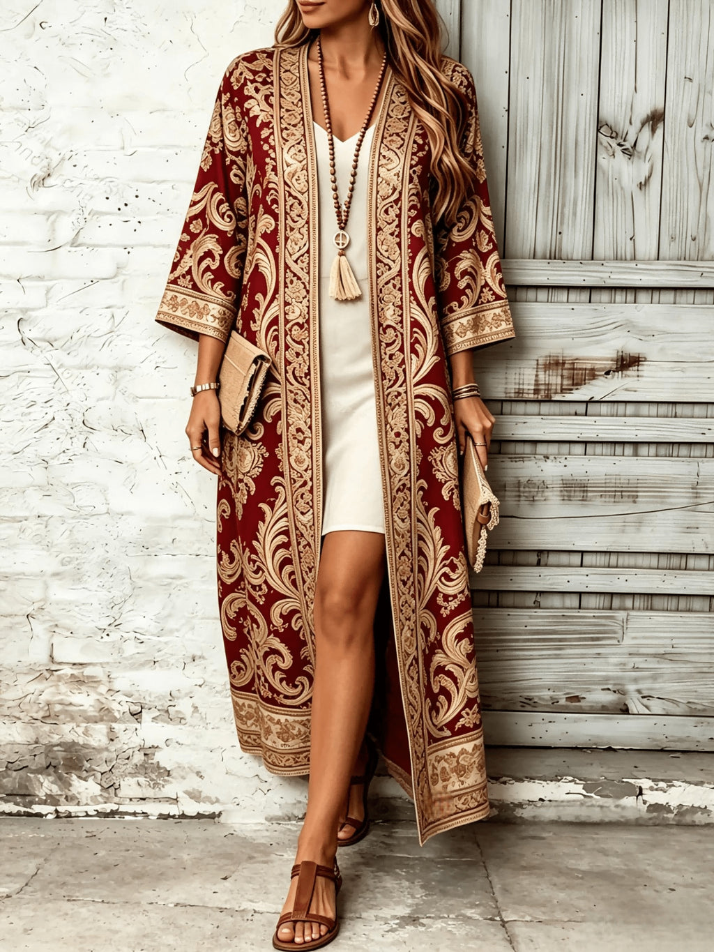 Women's Elegant Printed Long Cardigan Trench Coat Top - Red
