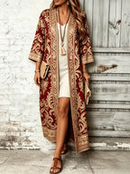 Women's Elegant Printed Long Cardigan Trench Coat Top - Red