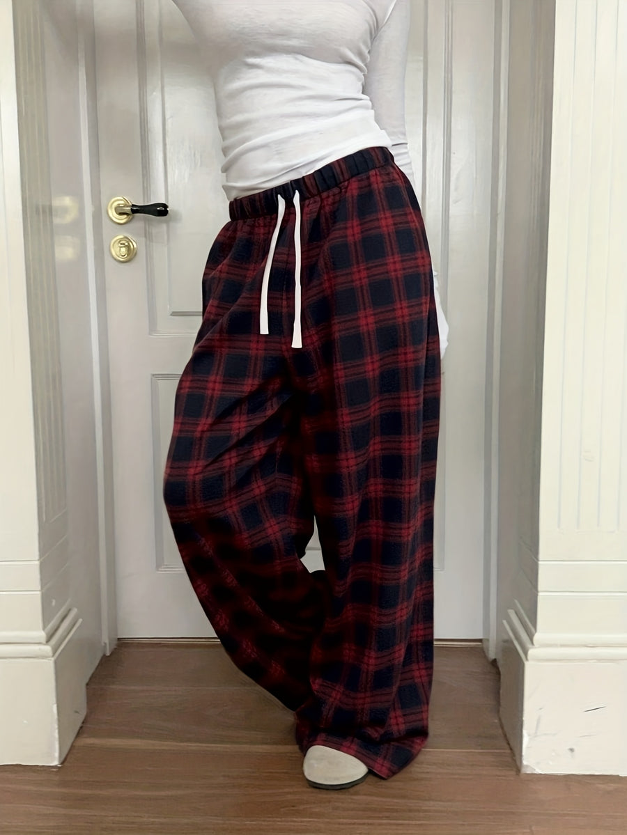 Women'S Plaid Print Loose Wide Leg Pants | Casual Drawstring Elastic Waist, Suitable for Fall/Winter Weekend Outings - Red
