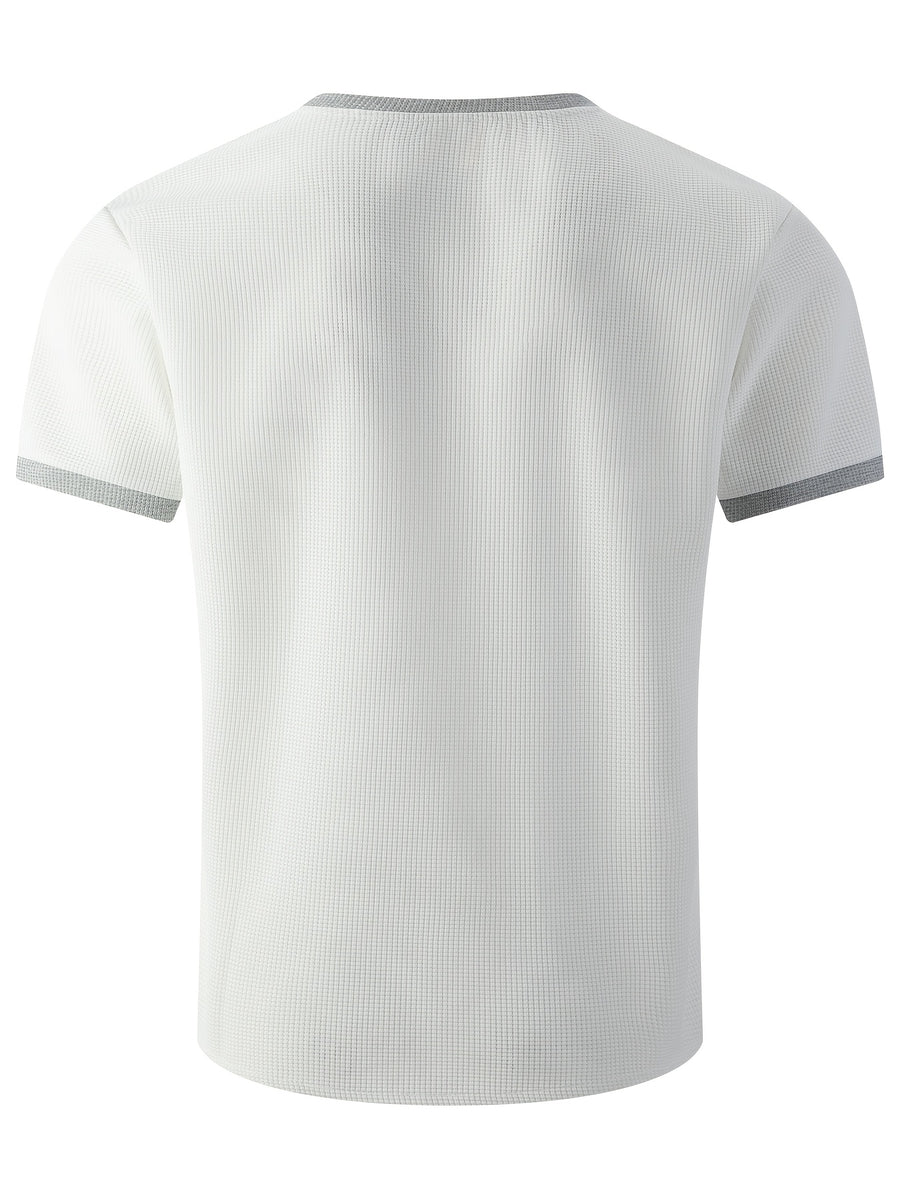 Men'S Solid Waffle Knit V-Neck Tee, Contrast Edge Short Sleeve Casual Daily T-Shirt - White