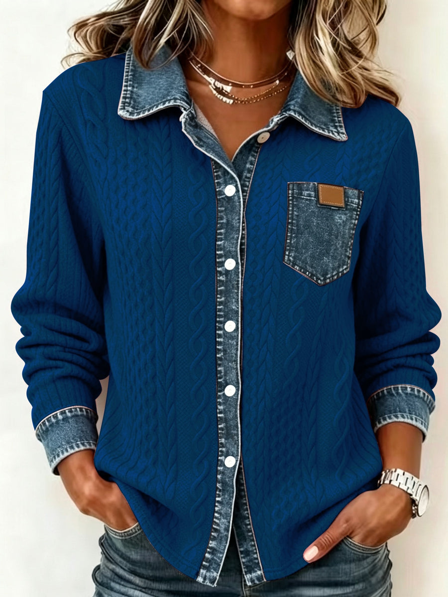 [Printed Pants - Not Faux Denim Fabric]Autumn Women'S Faux Denim Non- Patchwork Jacquard Sweatshirt Cardigan Long Sleeve Top - Blue