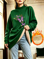 Dreamy Purple-Golden Butterfly Print Half-Turtleneck -Lined Sweatshirt Dress for Women, Autumn/Winter Loose Fit Thickened Midi-Length Top - Green