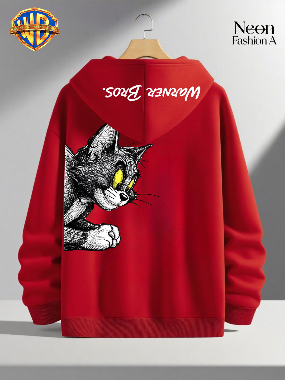 1pc Warner Bros. Cartoon Classic Couple's Sweatshirt, Unisex Long-Sleeve Top with Playful WB Anime Character Action Print on the Back, Trendy, Fashionable, Versatile, Streetwear, Comfortable, and Casual Outerwear, Chinese National Trend - Men's - Red