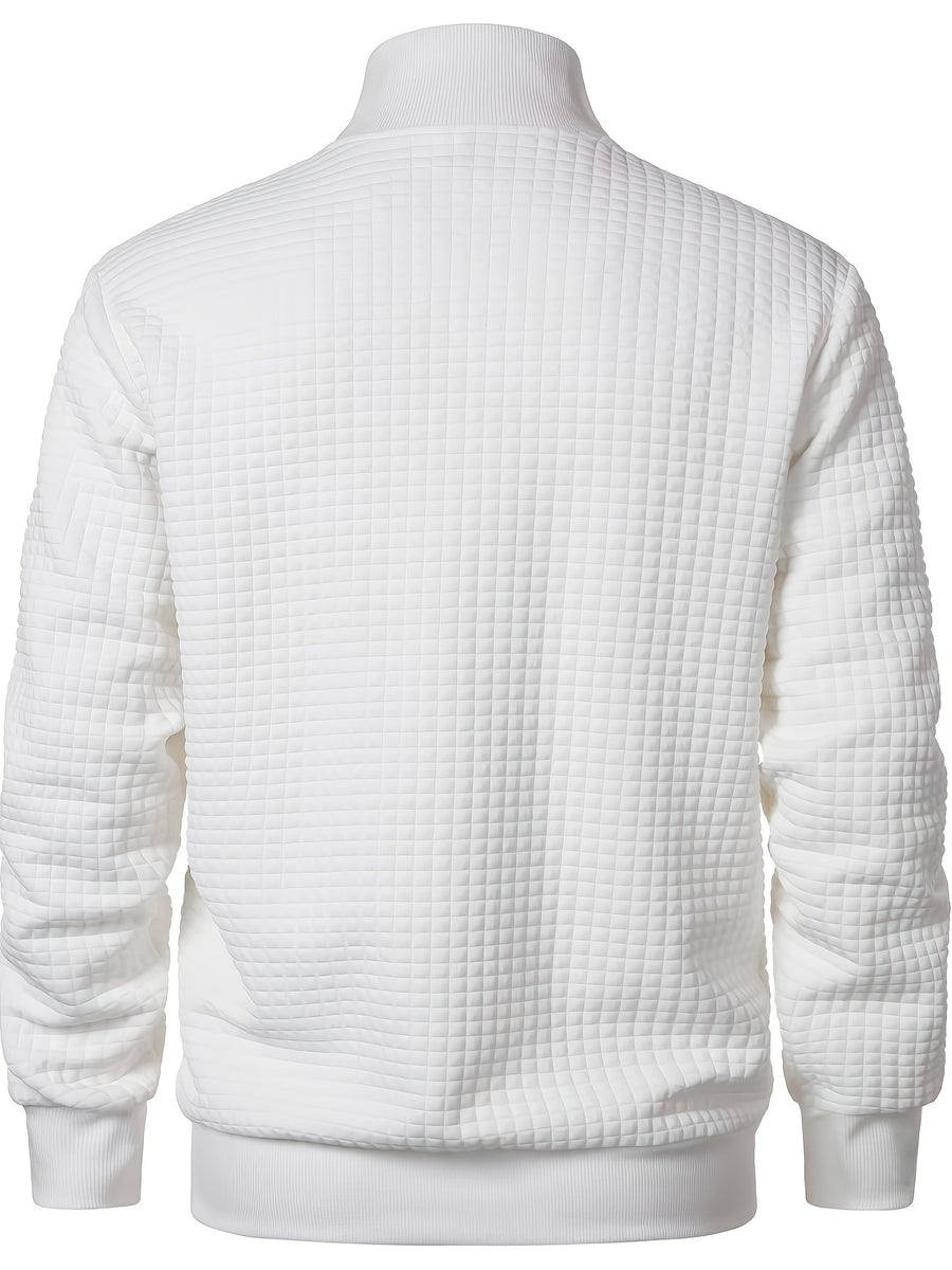 Spring/Autumn New Men's Solid Color Lapel Waffle Knit Long Sleeve Zipper Jacket, Comfortable and Breathable Outdoor Sports Men's Outerwear, Practical Jacket - White