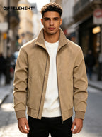 Men's Stand Collar Jacket, Windproof, Warm, Versatile, and Wear-Resistant, with Textured Finish and Precision Stitching. Loose-Fit Short Baseball Jacket Style for Daily Commuting, Streetwear, and Autumn/Winter Casual Wear. Features Ribbed Cuffs - Khaki