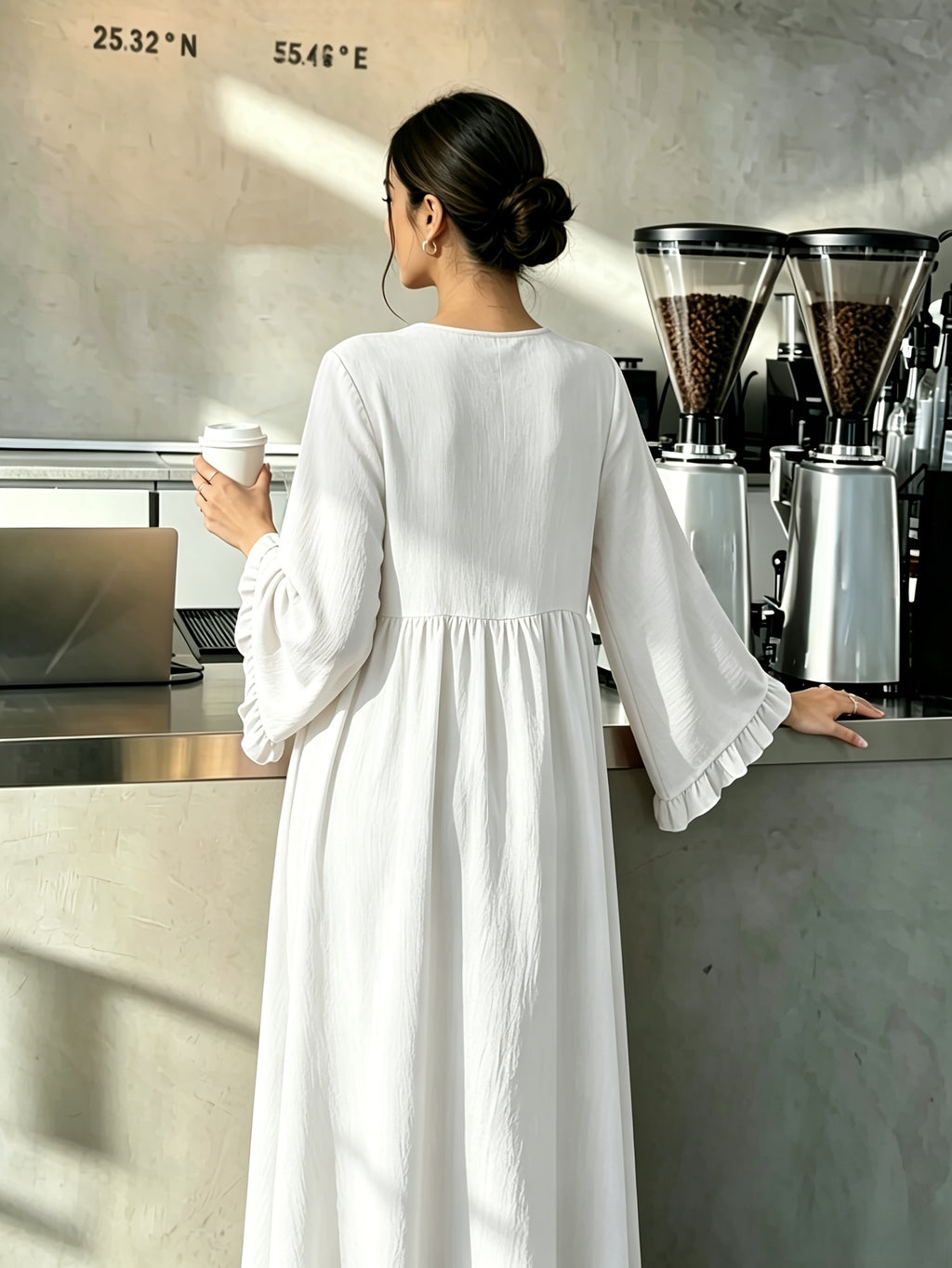 Round Neck Long Dress with Ruffled Flared Wide Sleeves, Soft Lightweight Breathable Fabric Loose Swing Style Dress for Women Daily Home And Outdoor Casual Matching - White
