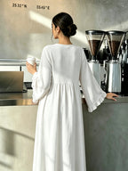 Round Neck Long Dress with Ruffled Flared Wide Sleeves, Soft Lightweight Breathable Fabric Loose Swing Style Dress for Women Daily Home And Outdoor Casual Matching - White