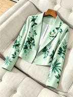 Women'S Elegant Light Green Base Plant Print Short Vest Suit Jacket, Unlined - Light Green
