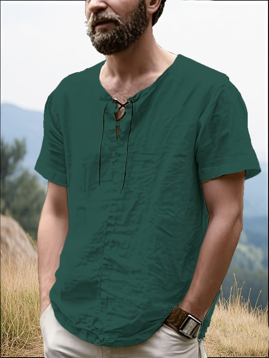Men's Casual T-Shirt, Versatile Summer Short-Sleeve Top, Fashionable Solid Color Sweatshirt, Crew Neck with Drawstring Design - Lightweight and Breathable, Machine Washable, Suitable for Daily Wear and Outdoor Leisure - Dark Green