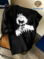 Warner Official Licensed Men'S New Front Back Print Round Neck Short Sleeve T-Shirt, Hand-Drawn Sketch Style Joker JOKER Black And White Sketch HA HA Laughing Element Line Print Design, Breathable Skin-Friendly Soft Fabric - Black