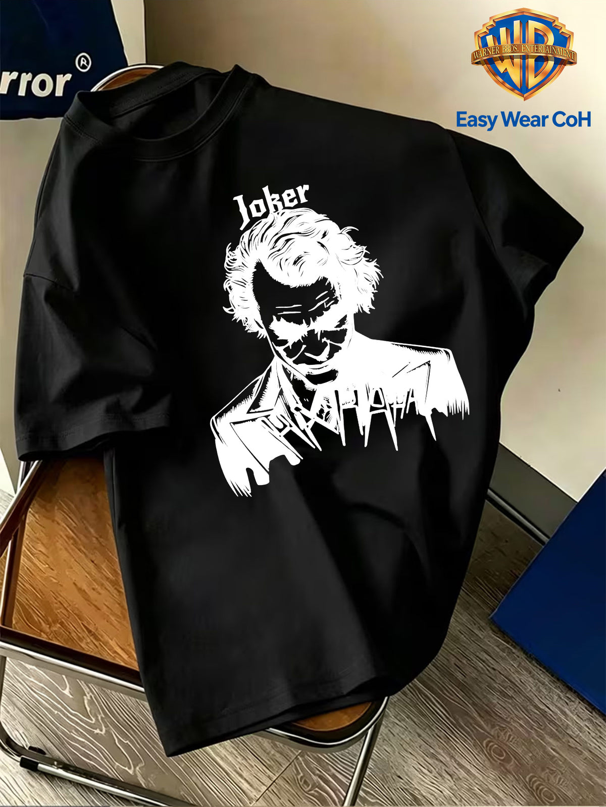 Warner Official Licensed Men'S New Front Back Print Round Neck Short Sleeve T-Shirt, Hand-Drawn Sketch Style Joker JOKER Black And White Sketch HA HA Laughing Element Line Print Design, Breathable Skin-Friendly Soft Fabric - Black