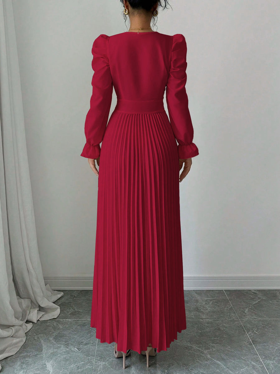 Hot Spring/Summer Elegant Cross V-Neck Flared Pleated Maxi Skirt for Women - Red