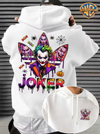Warner Bros. Official Licensed Men'S Hoodie, Halloween Splatter Graffiti Theme Multi-Version Clown Head, Featuring Spider, Web, Candy, Pumpkin And Other Halloween Elements, Dripping Paint Effect Pattern Print, Street Style Men'S Pullover Hoodie - White