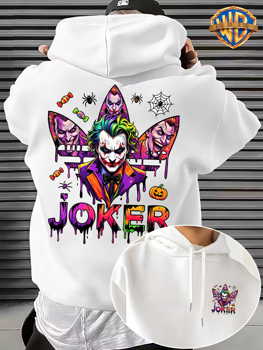 Warner Bros. Official Licensed Men'S Hoodie, Halloween Splatter Graffiti Theme Multi-Version Clown Head, Featuring Spider, Web, Candy, Pumpkin And Other Halloween Elements, Dripping Paint Effect Pattern Print, Street Style Men'S Pullover Hoodie - White