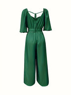 Women's Summer Casual V-Neck Tie-Waist Jumpsuit - Lightweight Breathable Wide-Leg Pantsuit, Machine Washable Solid Color Versatile Outfit for Beach, Brunch & Daytime Events, Smooth Texture Fabric, Beach Attire, Easy Care, Vacation Wear - Green
