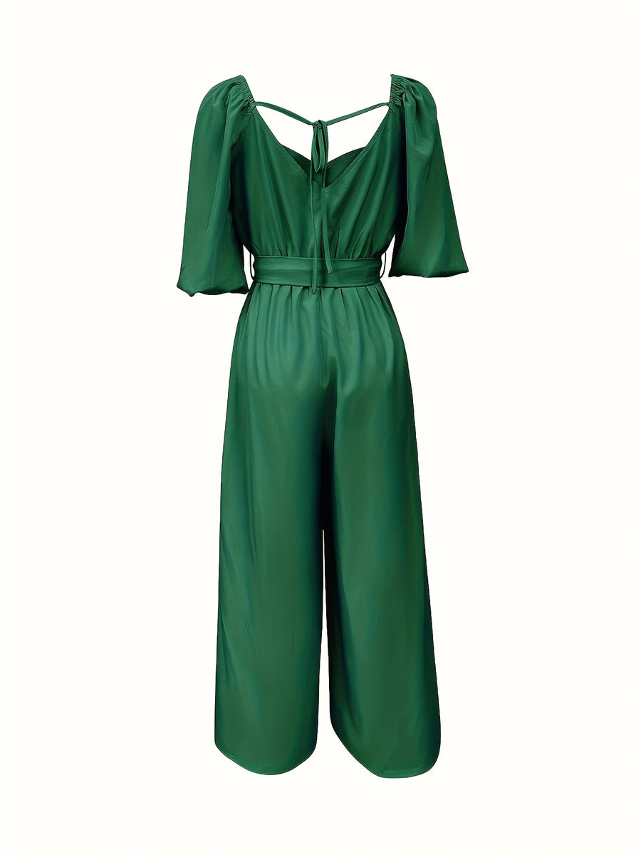 Women's Summer Casual V-Neck Tie-Waist Jumpsuit - Lightweight Breathable Wide-Leg Pantsuit, Machine Washable Solid Color Versatile Outfit for Beach, Brunch & Daytime Events, Smooth Texture Fabric, Beach Attire, Easy Care, Vacation Wear - Green