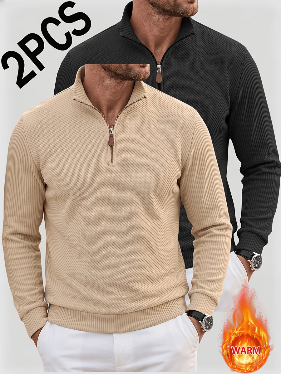 2pcs Men'S Autumn Winter New Corduroy Textured Half-Zip Stand Collar Knit Sweater Set, Light Luxury Long Sleeve Elastic Ribbed Base Layer Business Casual Inner Outerwear; Daily Commute, Home Entertaining, Camping Dating Scenarios - Khaki+Black