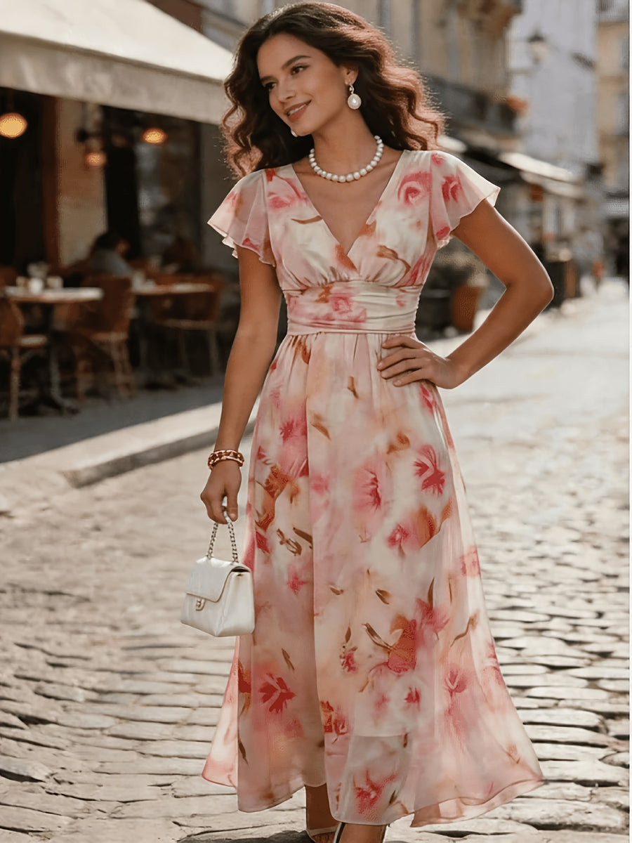 Women's Elegant V-Neck Floral Print Maxi Dress with Ruffle Sleeves, Casual Waist, for Leisure and Vacation, ZLLZ - Pink