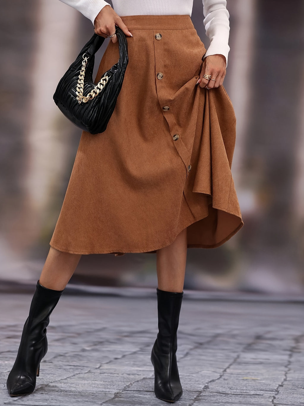 Elegant Solid Color Button-Front Flared Skirt for Women - High Waist, Machine Washable, Perfect for Fall/Winter - Light Brown-1