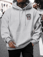 Men's Hooded Sweatshirt with Playing Card Print, Street Style Loose Fit Long Sleeve Pullover, Casual Sportswear Top - 【Light Grey】