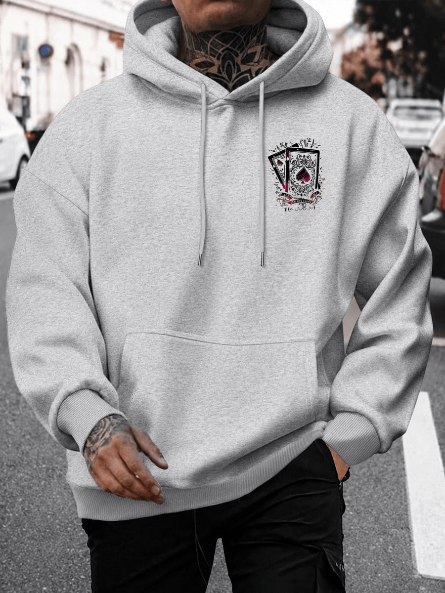 Men's Hooded Sweatshirt with Playing Card Print, Street Style Loose Fit Long Sleeve Pullover, Casual Sportswear Top - 【Light Grey】