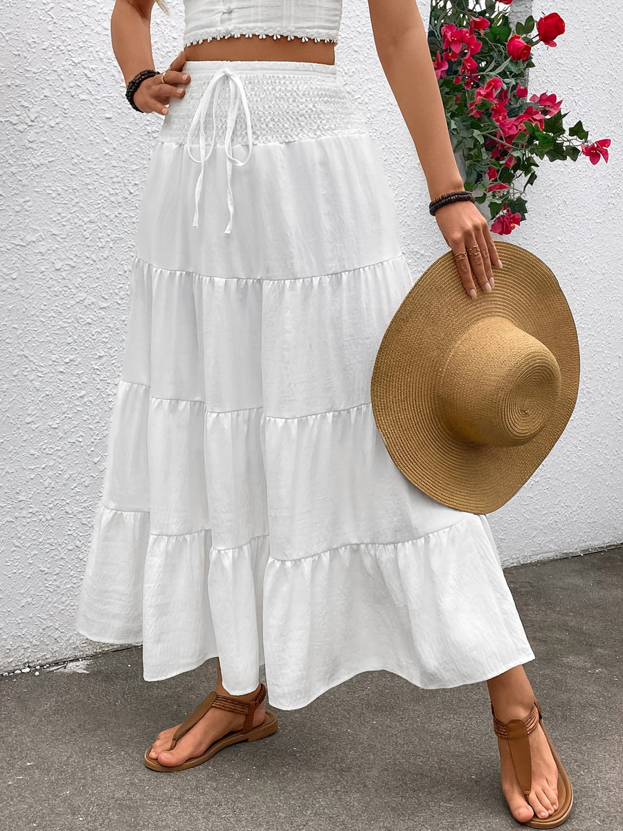 Women's elastic high-waisted ruffle A-line long skirt with drawstring design in Bohemian style. - White