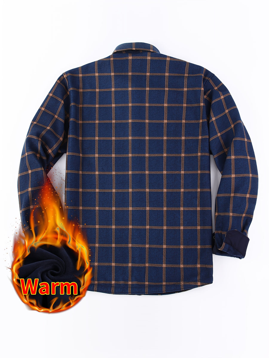 2026 Men's Plaid Shirt - Color Block Design, Brushed Lining, Warm Winter Flannel (Casual & Outdoor) Color Block Lining, Cold Weather Flannel for Outdoor Bold Color Block, Brushed Interior, Urban Style - Vibrant Blue