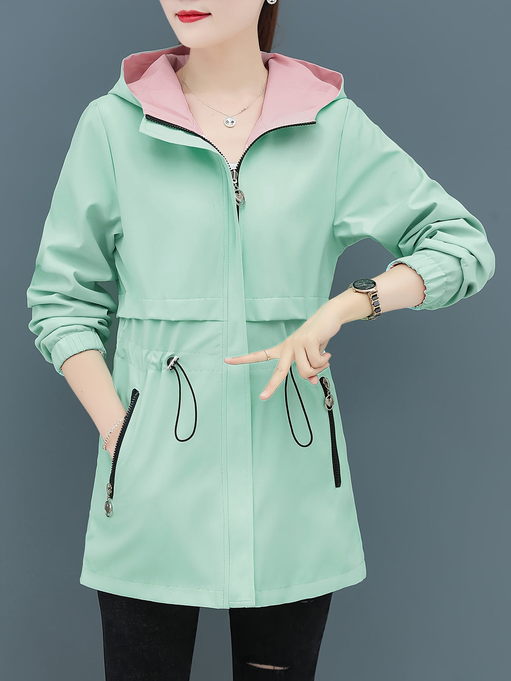 Reversible Women'S Trench Coat Jacket, Mid-Length Hooded Outerwear, Spring/Autumn Red And Green Contrast, Adjustable Waist Tie, Casual Elegant Outdoor Cardigan Top, Front Pocket Zipper Design, Non-Stretch Fabric, Fashionable Jacket - Pea Green Color
