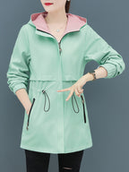 Reversible Women'S Trench Coat Jacket, Mid-Length Hooded Outerwear, Spring/Autumn Red And Green Contrast, Adjustable Waist Tie, Casual Elegant Outdoor Cardigan Top, Front Pocket Zipper Design, Non-Stretch Fabric, Fashionable Jacket - Pea Green Color
