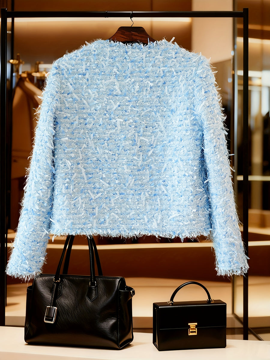 Tweed Jacket Fashion Top Elegant, Daily Casual Short Tassel Jacket Top with Pockets Autumn And Winter, Suitable for Business/Formal Workplace/Casual Workplace/Daily Office/Industry Summit/Business Dinner/Company Annual Meeting/Customer Appreciation - Blue