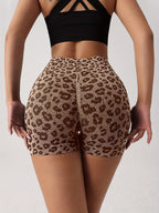 Women's High-waisted Shorts, Perfect for Yoga, Workouts, and Daily Wear, Leopard Print Outdoor Sport Shorts - Coffee Color